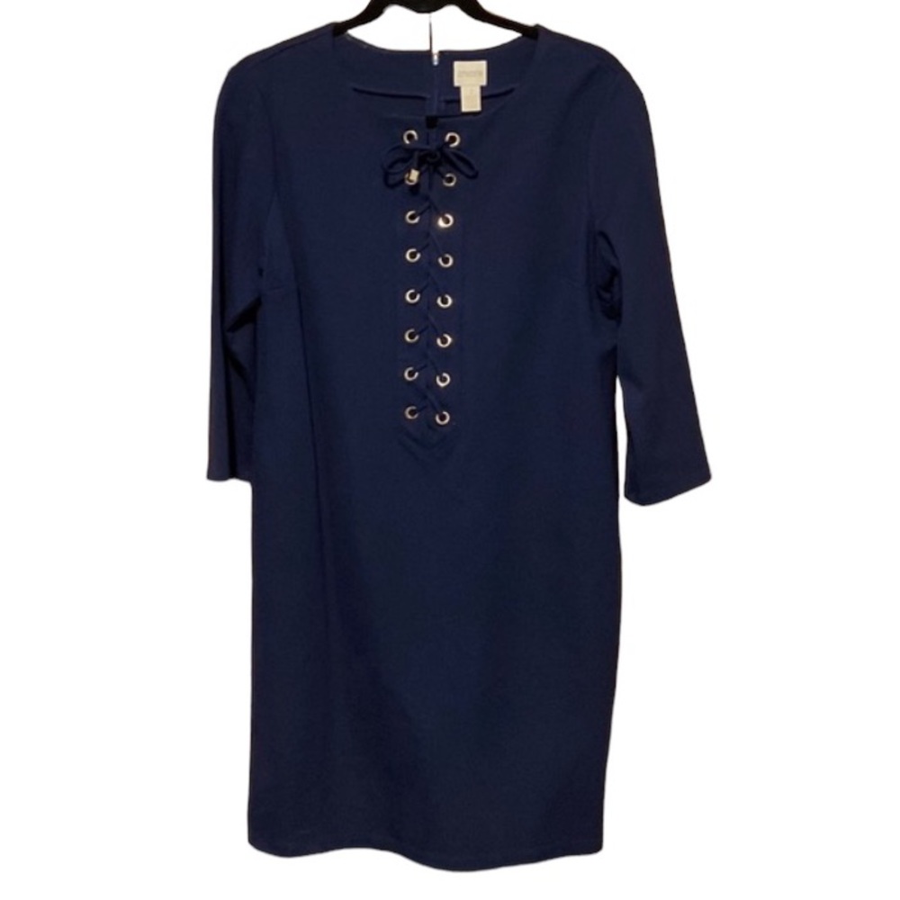 Chicos knit 3/4 sleeve navy blue midi dress size 1 or medium Nautical